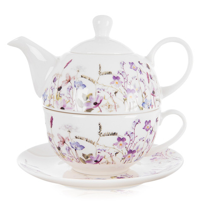 Dzbanek z filiżanką do herbaty porcelanowy kwiaty LOUKA 3 el.