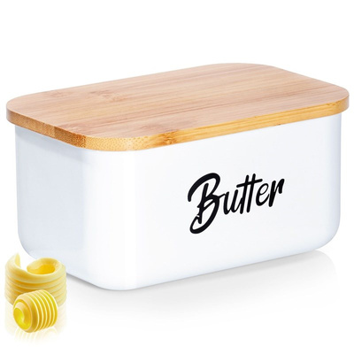 Butter Dish Steel White with Bamboo Lid