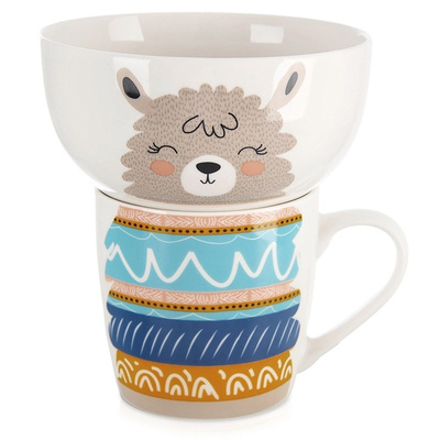 Kids Mug with Bowl Porcelain Llama 2 pcs