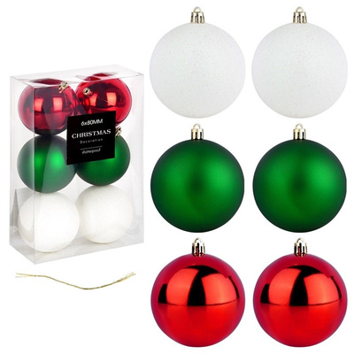 Christmas Baubles Unbreakable Red Green White 8 cm 6 pcs