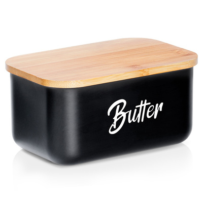 Butter Dish Steel Black with Bamboo Lid