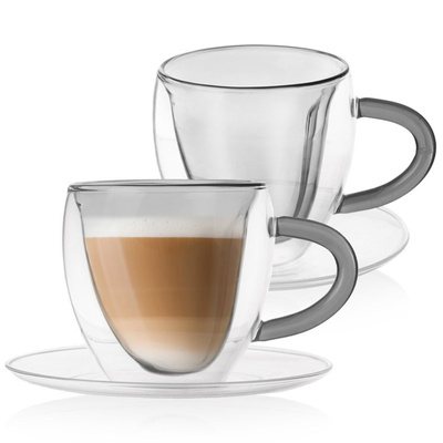 Double Walled Glass Mugs with Saucer with Double Walls for Coffee and Tea DOUBLE 160 ml 2 pcs