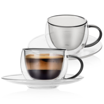 Double Walled Glass Mugs with Saucer with Double Walls for Espresso Coffee DOUBLE 90 ml 2 pcs