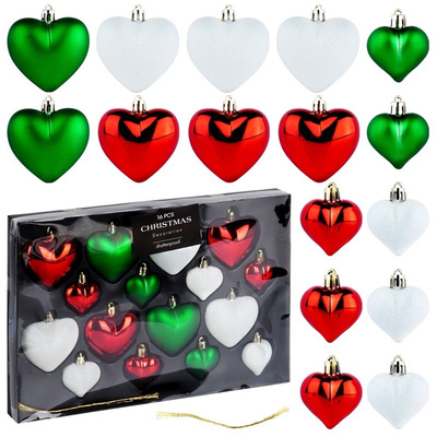 Christmas Baubles Unbreakable Hearts Red Green White 6.5/4.5 cm 16 pcs