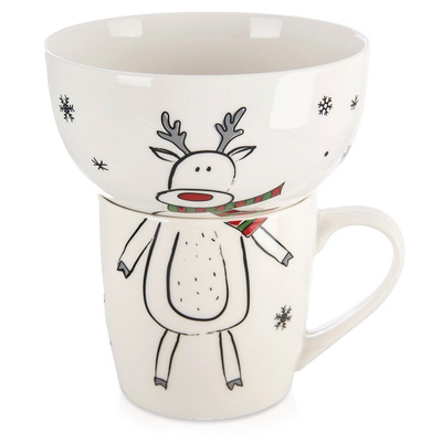 Kids Mug with Bowl Porcelain Reindeer 2 pcs