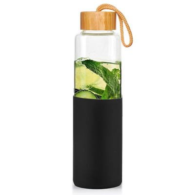 Water Bottle Glass with Silicone Sleeve Black 600 ml