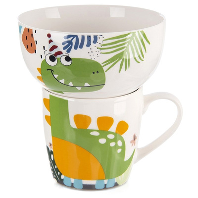 Kids Mug with Bowl Porcelain Dinosaur 2 pcs