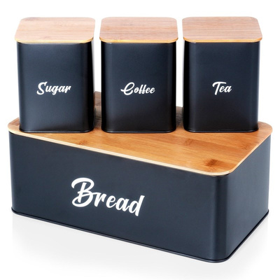 Bread Bin and Canister Set for Tea, Coffee, Sugar Metal Black 4 pcs