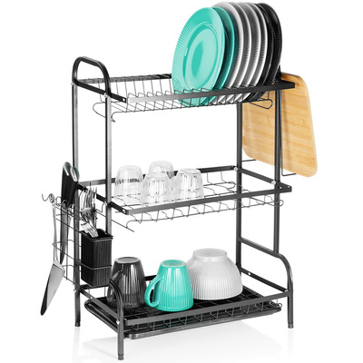 Dish Drainer Rack Metal Black 3-Level 54.5x24.5x60 cm