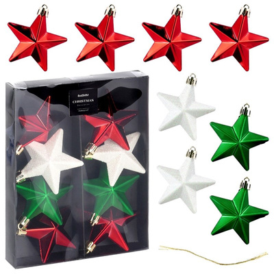 Christmas Baubles Unbreakable Stars Red Green White 6.5 cm 8 pcs