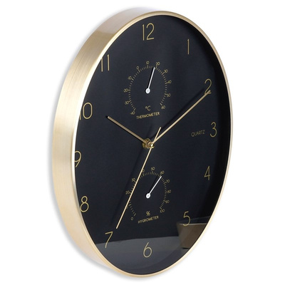 Wall Clock Black Golden with Thermometer Hygrometer 27x34.5 cm