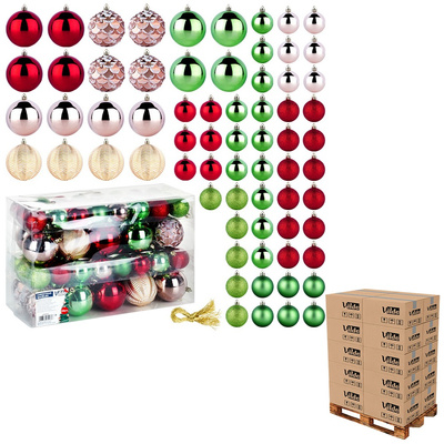 Christmas Baubles Unbreakable Red Pink Gold Green 8 / 5 cm 68 pcs (pallet of 48 pcs)