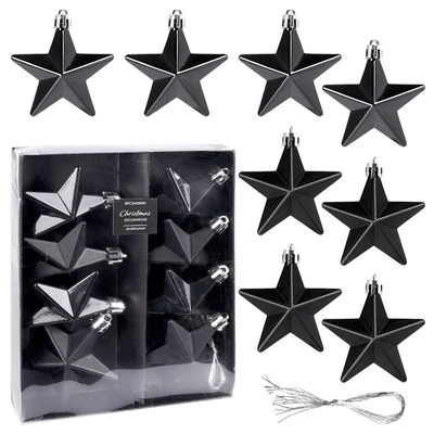 Christmas Baubles Black Stars Unbreakable 6,5 cm 8 pcs