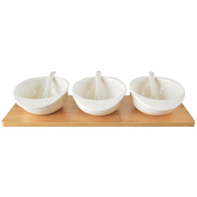 Snack Bowls with Spoons Porcelain White on Tray WHITELINE 32 cm 7 pcs