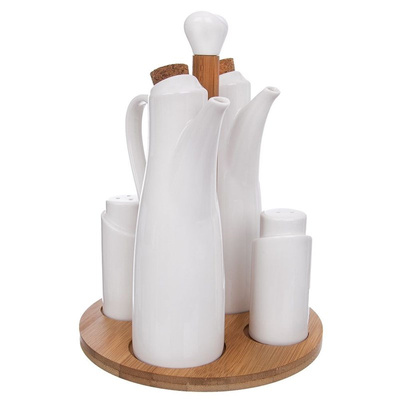 Salt Pepper Oil and Vinegar Dispenser Set Porcelain with a Stand WHITELINE 5 pcs